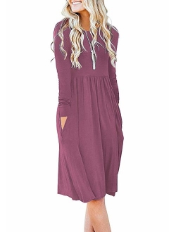 DB MOON Women Casual Long Sleeve Dresses Loose Plain Pleated Dress with Pockets