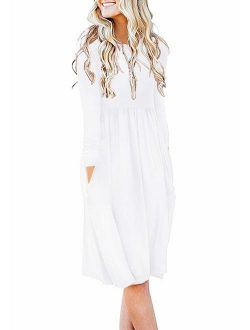 DB MOON Women Casual Long Sleeve Dresses Loose Plain Pleated Dress with Pockets