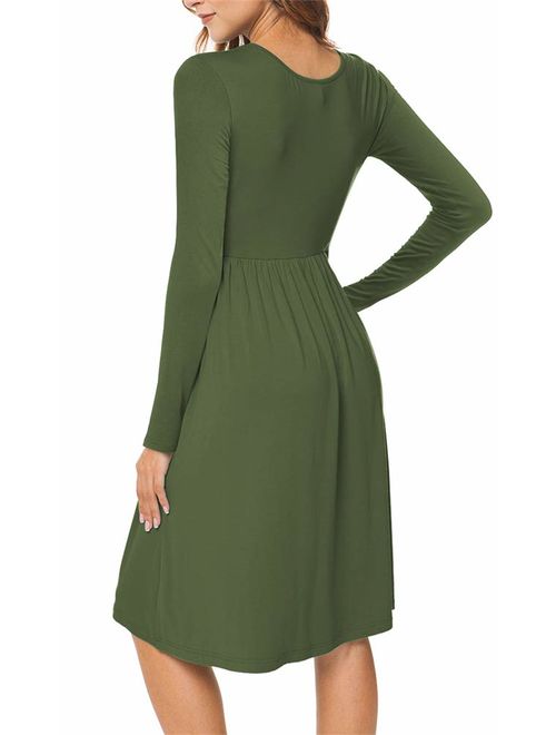 DB MOON Women Casual Long Sleeve Dresses Loose Plain Pleated Dress with Pockets