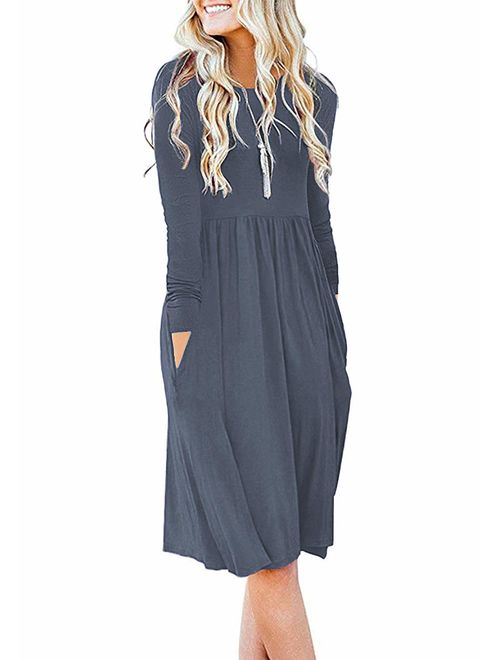 DB MOON Women Casual Long Sleeve Dresses Loose Plain Pleated Dress with Pockets