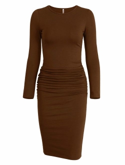 Missufe Women's Long Sleeve Ruched Casual Sundress Midi Bodycon Sheath Dress