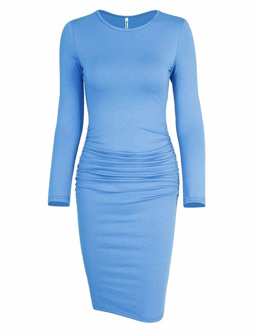 Missufe Women's Long Sleeve Ruched Casual Sundress Midi Bodycon Sheath Dress