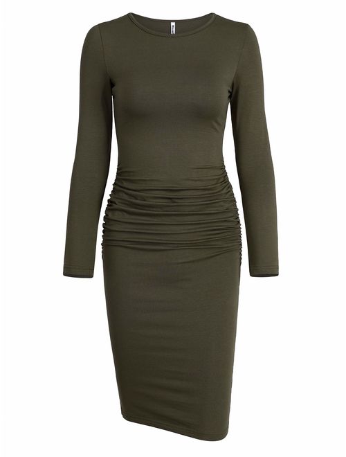 Missufe Women's Long Sleeve Ruched Casual Sundress Midi Bodycon Sheath Dress