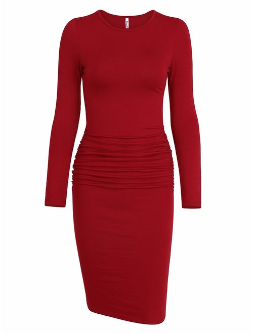 Missufe Women's Long Sleeve Ruched Casual Sundress Midi Bodycon Sheath Dress