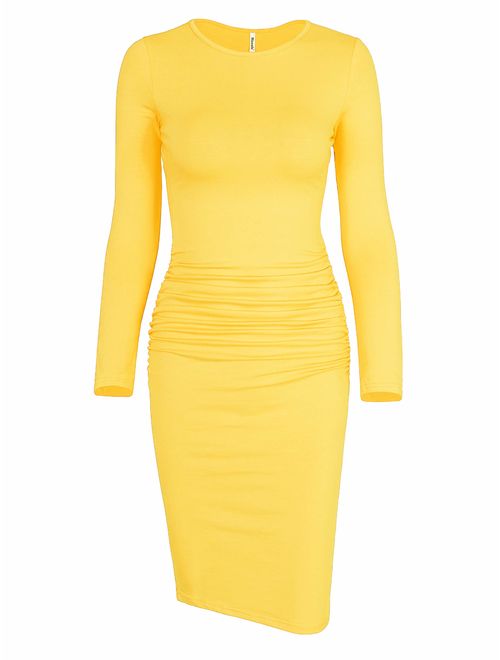 Missufe Women's Long Sleeve Ruched Casual Sundress Midi Bodycon Sheath Dress