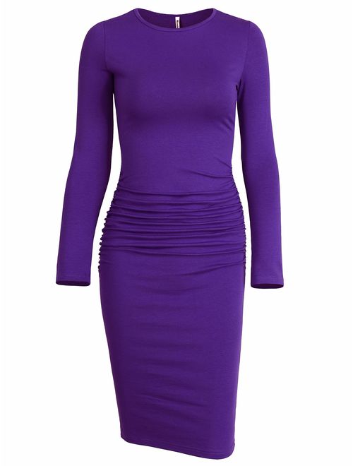 Missufe Women's Long Sleeve Ruched Casual Sundress Midi Bodycon Sheath Dress