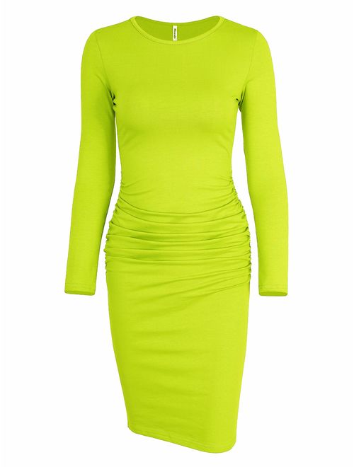 Missufe Women's Long Sleeve Ruched Casual Sundress Midi Bodycon Sheath Dress