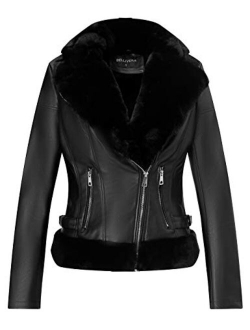 Bellivera Women's Faux Leather Short Jacket, Moto Jacket with Detachable Faux Fur Collar