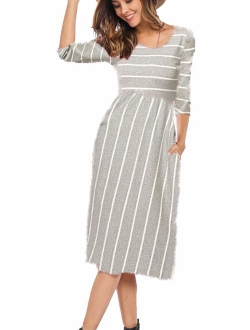 Halife Women's 3 4 Sleeve Stripe Elastic Waist Casual Dress with Pocket