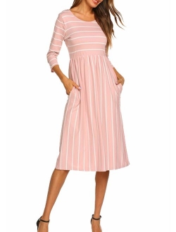 Halife Women's 3 4 Sleeve Stripe Elastic Waist Casual Dress with Pocket