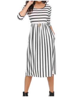 Halife Women's 3 4 Sleeve Stripe Elastic Waist Casual Dress with Pocket