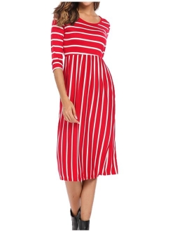 Halife Women's 3 4 Sleeve Stripe Elastic Waist Casual Dress with Pocket