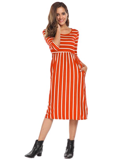 Halife Women's 3 4 Sleeve Stripe Elastic Waist Casual Dress with Pocket