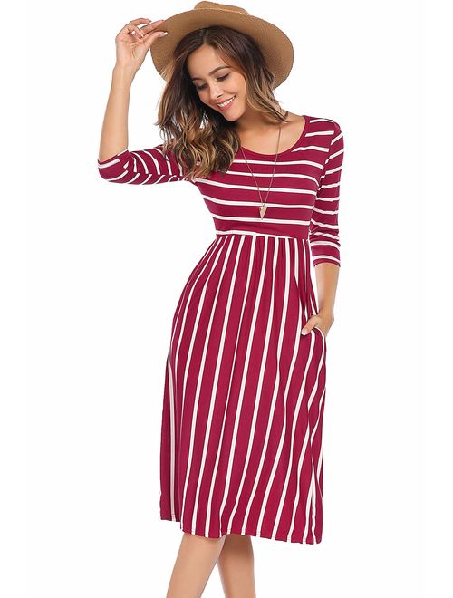 Halife Women's 3 4 Sleeve Stripe Elastic Waist Casual Dress with Pocket