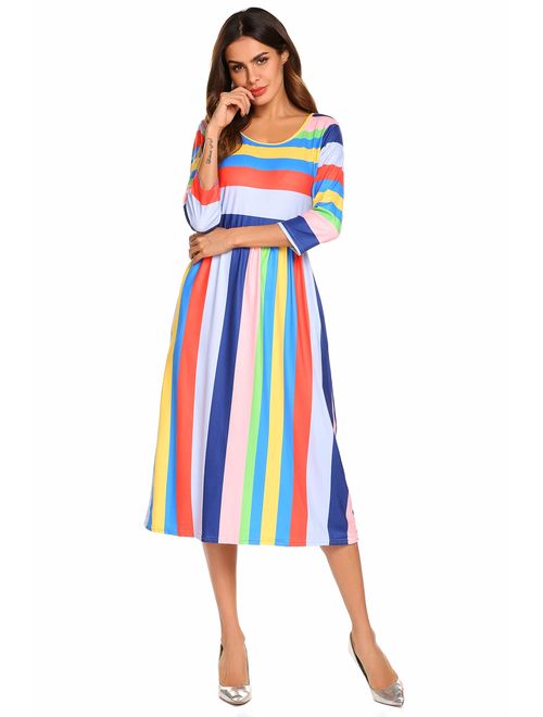 Halife Women's 3 4 Sleeve Stripe Elastic Waist Casual Dress with Pocket