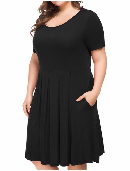 Tralilbee Women's Plus Size Short Sleeve Dress Casual Pleated Swing Dresses with Pockets