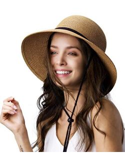 Womens Wide Brim Sun Hat with Wind Lanyard UPF Beach Summer Sun Straw Hats for Women