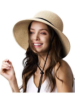 Womens Wide Brim Sun Hat with Wind Lanyard UPF Beach Summer Sun Straw Hats for Women