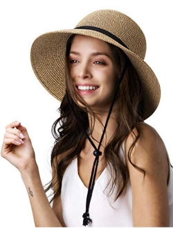 Womens Wide Brim Sun Hat with Wind Lanyard UPF Beach Summer Sun Straw Hats for Women