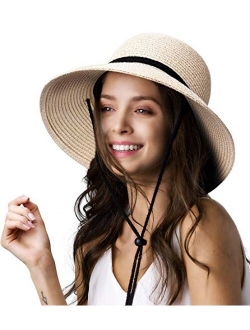 Womens Wide Brim Sun Hat with Wind Lanyard UPF Beach Summer Sun Straw Hats for Women