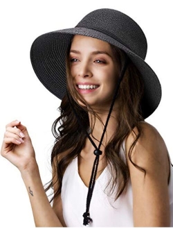 Womens Wide Brim Sun Hat with Wind Lanyard UPF Beach Summer Sun Straw Hats for Women