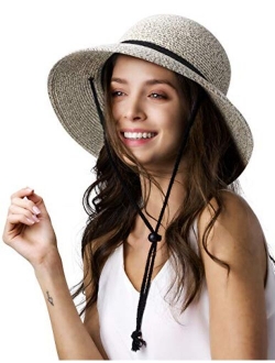 Womens Wide Brim Sun Hat with Wind Lanyard UPF Beach Summer Sun Straw Hats for Women