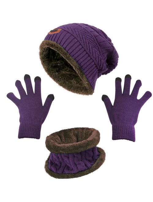 HINDAWI Winter Hat Scarf Gloves Slouchy Beanie Snow Knit Skull Cap Touch Screen Mittens Circle Scarves for Women