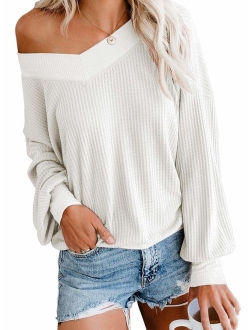 ADREAMLY Women's V Neck Long Sleeve Waffle Knit Top Off Shoulder Oversized Pullover Sweater