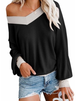 ADREAMLY Women's V Neck Long Sleeve Waffle Knit Top Off Shoulder Oversized Pullover Sweater