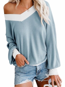 ADREAMLY Women's V Neck Long Sleeve Waffle Knit Top Off Shoulder Oversized Pullover Sweater