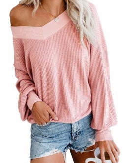 ADREAMLY Women's V Neck Long Sleeve Waffle Knit Top Off Shoulder Oversized Pullover Sweater