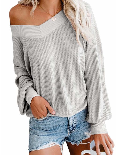 ADREAMLY Women's V Neck Long Sleeve Waffle Knit Top Off Shoulder Oversized Pullover Sweater