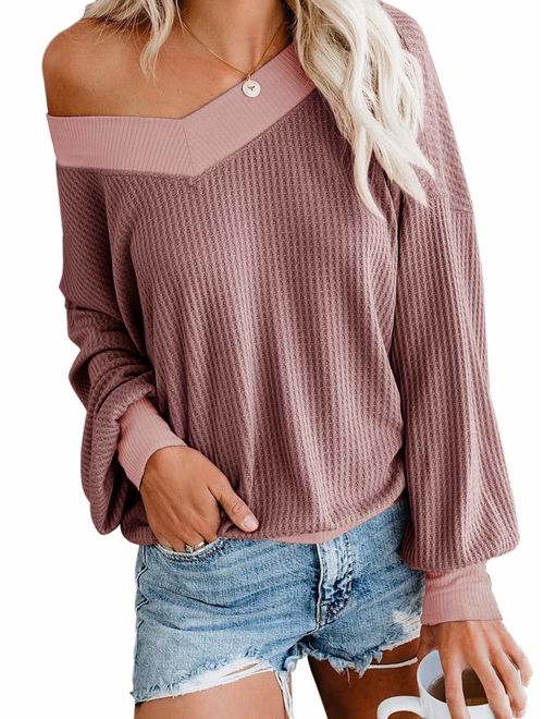 ADREAMLY Women's V Neck Long Sleeve Waffle Knit Top Off Shoulder Oversized Pullover Sweater