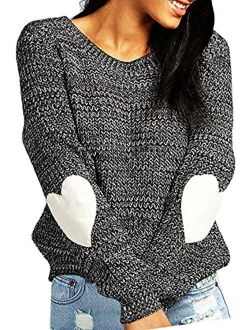 shermie Women's Cute Heart Pattern Patchwork Casual Long Sleeve Round Neck Knits Sweater Pullover