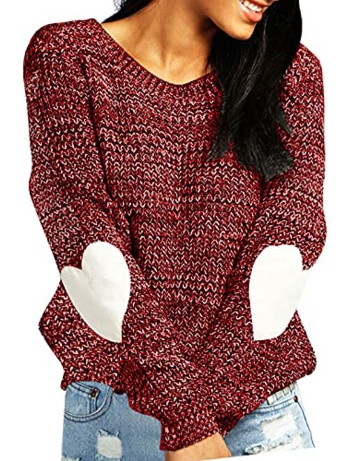 shermie Women's Cute Heart Pattern Patchwork Casual Long Sleeve Round Neck Knits Sweater Pullover