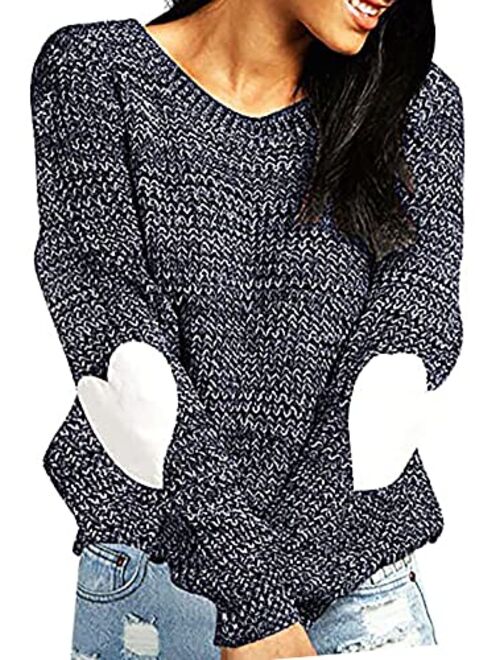 shermie Women's Cute Heart Pattern Patchwork Casual Long Sleeve Round Neck Knits Sweater Pullover