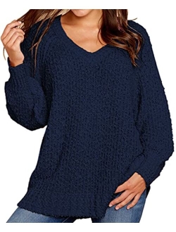 KIRUNDO Women's Winter Fuzzy Popcorn Sweater V Neck Long Sleeves Loose Fit Sweatshirt Solid Tops Pullover