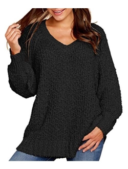 KIRUNDO Women's Winter Fuzzy Popcorn Sweater V Neck Long Sleeves Loose Fit Sweatshirt Solid Tops Pullover