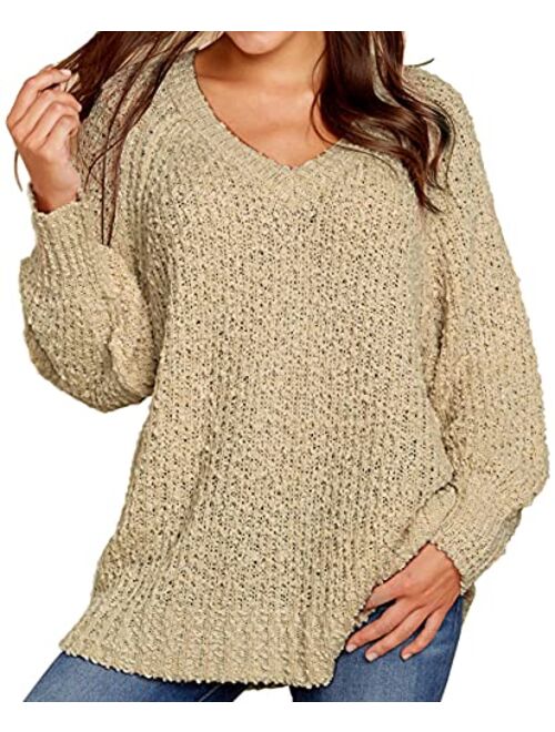 KIRUNDO Women's Winter Fuzzy Popcorn Sweater V Neck Long Sleeves Loose Fit Sweatshirt Solid Tops Pullover