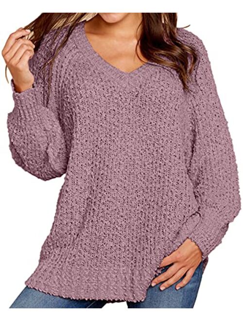 KIRUNDO Women's Winter Fuzzy Popcorn Sweater V Neck Long Sleeves Loose Fit Sweatshirt Solid Tops Pullover