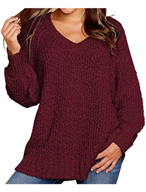 KIRUNDO Women's Winter Fuzzy Popcorn Sweater V Neck Long Sleeves Loose Fit Sweatshirt Solid Tops Pullover