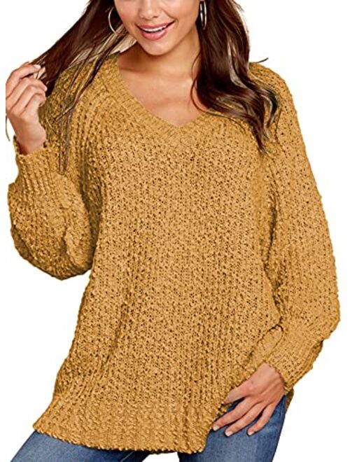 KIRUNDO Women's Winter Fuzzy Popcorn Sweater V Neck Long Sleeves Loose Fit Sweatshirt Solid Tops Pullover