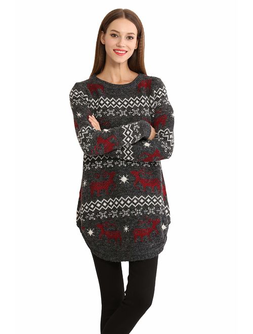 Shineflow Women's Reindeer Snowflake Midi Christmas Pullover Sweater Jumper