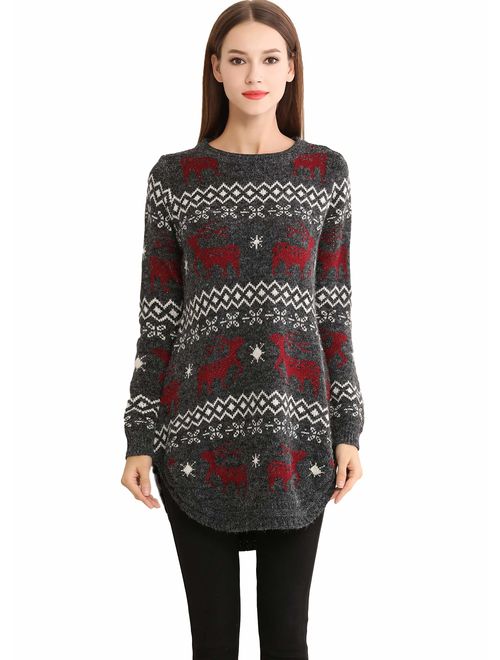 Shineflow Women's Reindeer Snowflake Midi Christmas Pullover Sweater Jumper