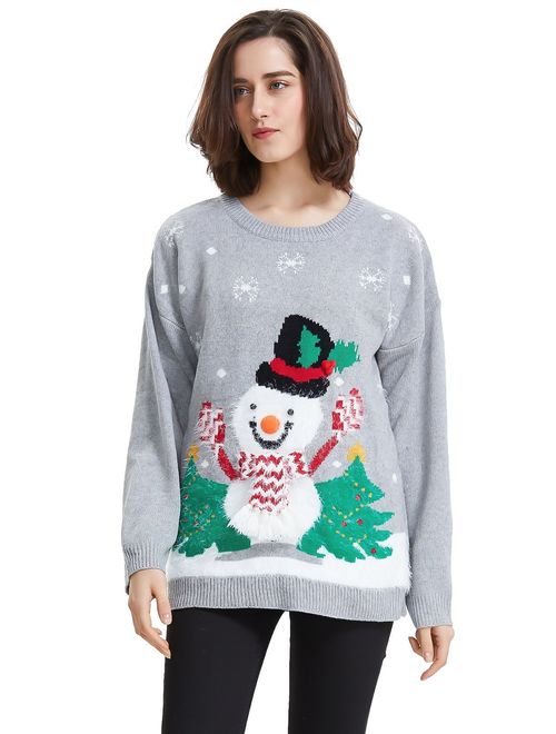 Shineflow Women's Reindeer Snowflake Midi Christmas Pullover Sweater Jumper