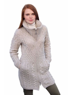 100% Irish Merino Wool Double Collar Aran Knit Coat by West End Knitwear