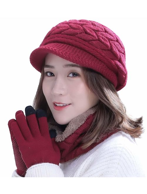 HINDAWI Winter Hats Gloves for Women Knit Warm Snow Ski Outdoor Caps Touch Screen Mittens