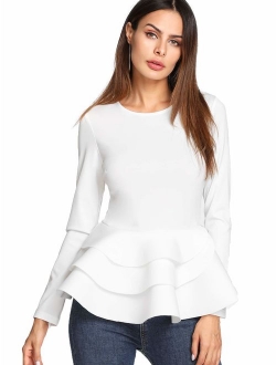 Women's Vintage Layered Ruffle Hem Slim Fit Round Neck Peplum Blouse