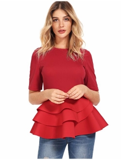 Women's Vintage Layered Ruffle Hem Slim Fit Round Neck Peplum Blouse