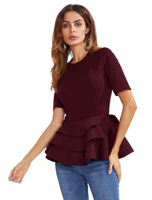 ROMWE Women's Vintage Layered Ruffle Hem Slim Fit Round Neck Peplum Blouse